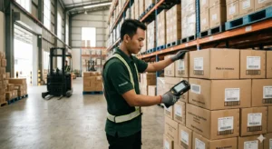 mobile computer PDT digunakan di warehouse untuk scanning barcode