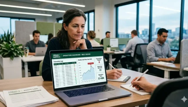 manajer operasional menggunakan dashboard digital untuk monitoring bisnis