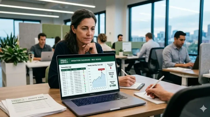 manajer operasional menggunakan dashboard digital untuk monitoring bisnis