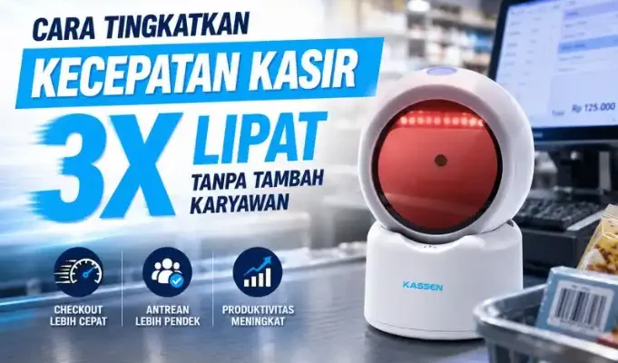 kasir menggunakan omnidirectional scanner untuk mempercepat transaksi retail
