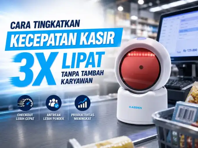 kasir menggunakan omnidirectional scanner untuk mempercepat transaksi retail