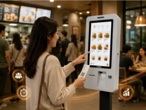 pelanggan menggunakan self service kiosk untuk memesan makanan
