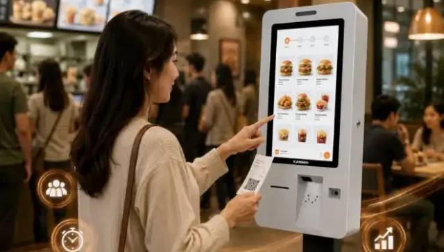 pelanggan menggunakan self service kiosk untuk memesan makanan