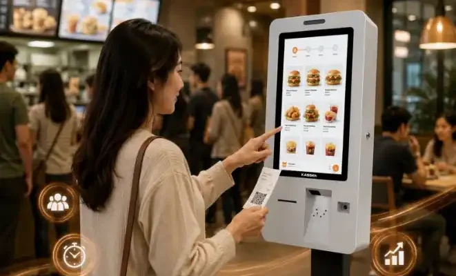 pelanggan menggunakan self service kiosk untuk memesan makanan