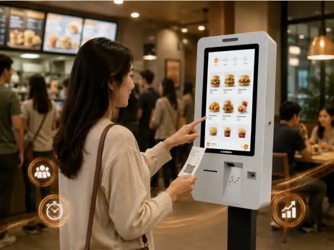 pelanggan menggunakan self service kiosk untuk memesan makanan