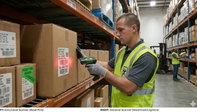 karyawan gudang menggunakan barcode scanner wireless untuk proses inventory