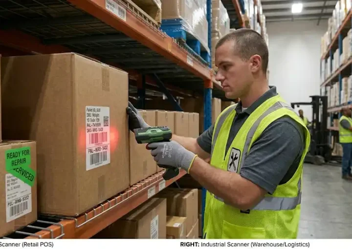 karyawan gudang menggunakan barcode scanner wireless untuk proses inventory