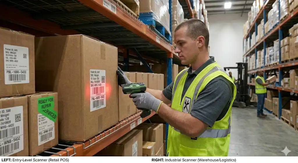 karyawan gudang menggunakan barcode scanner wireless untuk proses inventory