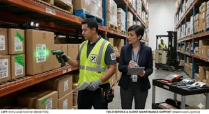 teknisi vendor aidc melakukan maintenance barcode scanner di gudang