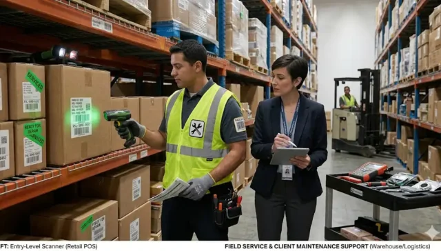 teknisi vendor aidc melakukan maintenance barcode scanner di gudang