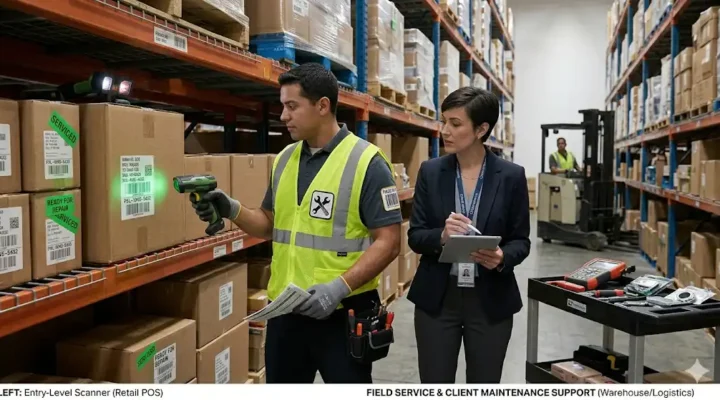 teknisi vendor aidc melakukan maintenance barcode scanner di gudang