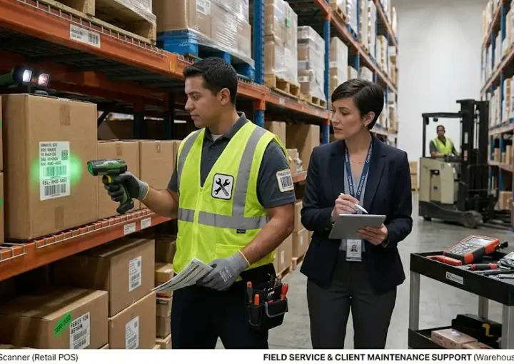teknisi vendor aidc melakukan maintenance barcode scanner di gudang