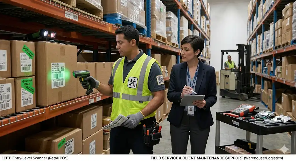 teknisi vendor aidc melakukan maintenance barcode scanner di gudang